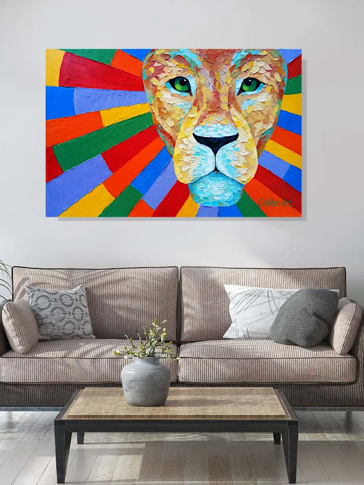 Lion Painting Abstract Original Art Animal Rainbow Wall Art Impasto Painting On Canvas Colorful 16" x 24" By Colibri Art