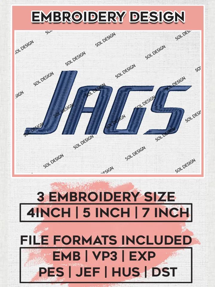NCAA Jags Team Word Logo Embroidery Design Files, NCAA South Alabama Jaguars Machine Embroidery, NCAA Teams, 3 sizes, NCAA Machine embroidery designs, Digital Download