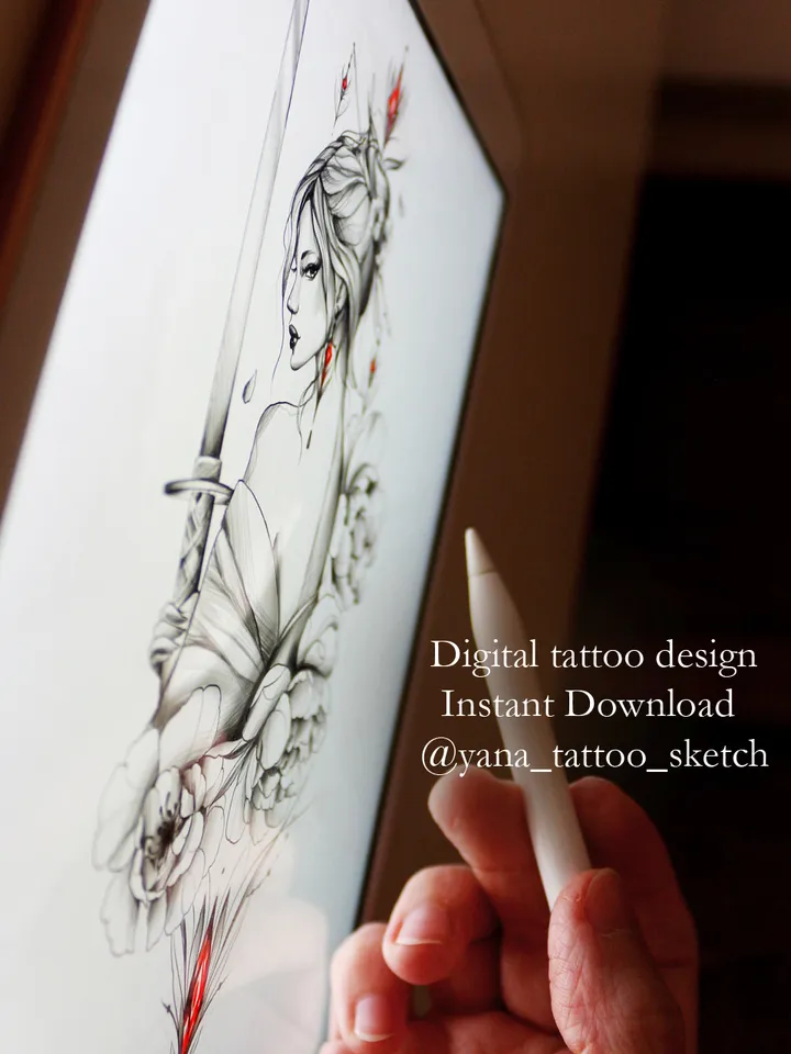 Female Samurai Tattoo Design Girl Samurai Tattoo Stencil Idea Sketch, Instant download PDF, JPG