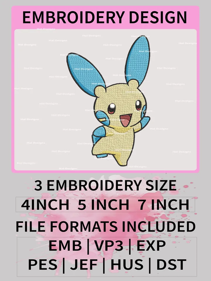 Pokemon Minun Embroidery Design, Pokemon Dmbroidery, Anime Design, Embroidery file, Digital download