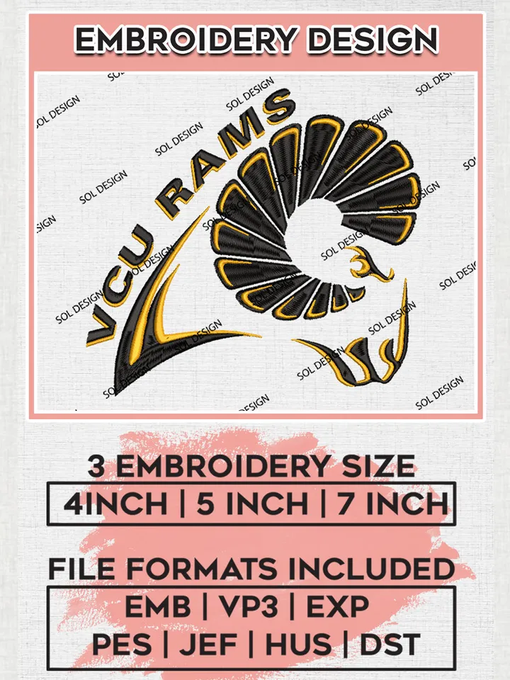 VCU Rams College Football Team Mascot Logo Embroidery Design Files, NCAA VCU Rams Machine Embroidery, NCAA Teams, 3 sizes, NCAA Machine embroidery designs, Digital Download