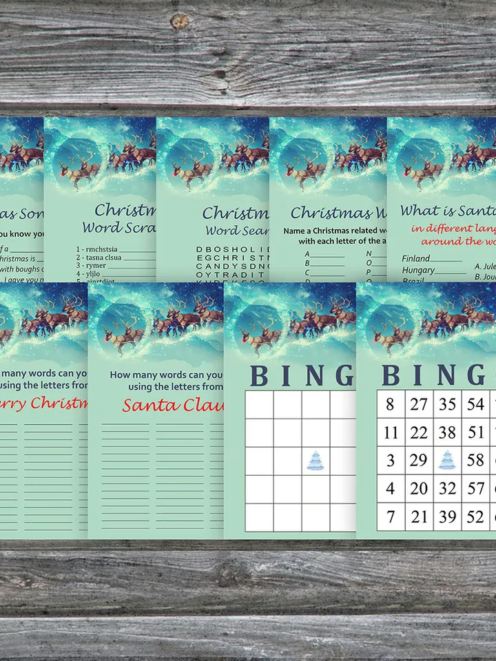 Christmas party games bundle,Printable Christmas Party Game Pack,Santa's sleigh fly Christmas Trivia Game Cards