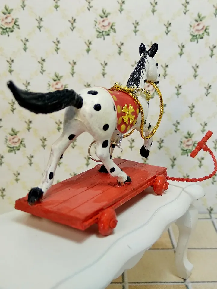 Horse on a cart. Dollhouse toy.1:12 scale.