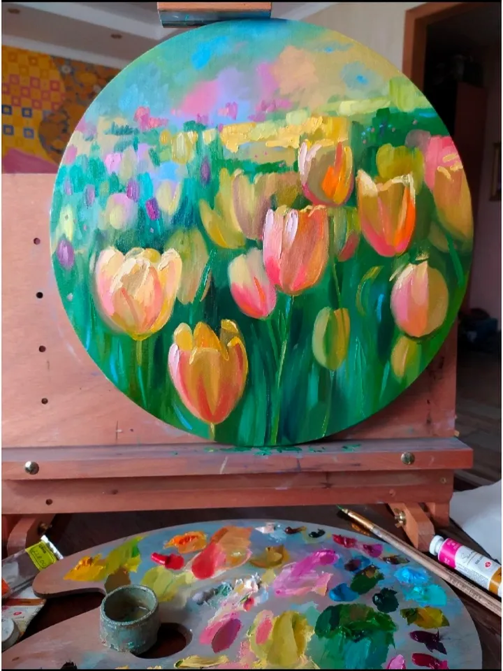 Tulip painting Flower Original Art Floral Artwork oil painting on canvas round artwork Tulip field canvas painting