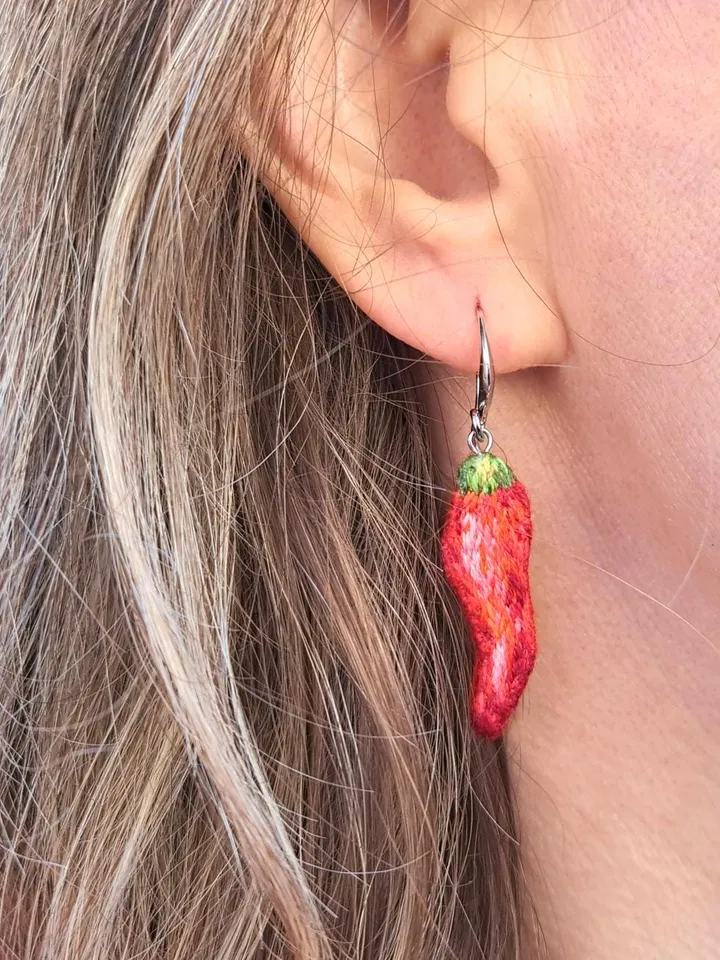 Chili Pepper Earrings Embroidered Handcrafted Whimsical Statement Gift for Her Whimsical Quirky Jewelry Foodie Accessory Unusual Gift