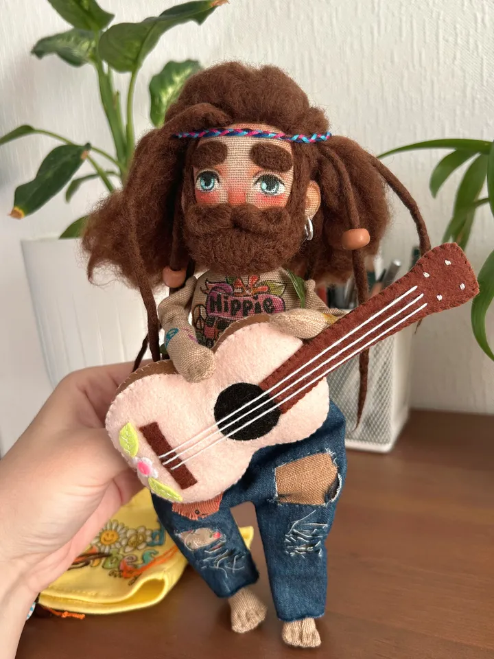 Textile doll Hippie man with tattoo and tiny felt guitar