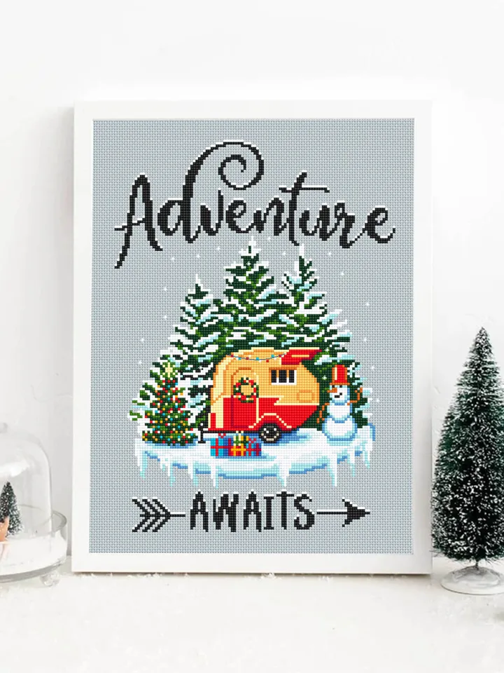 Adventure awaits cross stitch pattern download PDF Winter camping cross stitch Nature landscape embroidery PDF DIY Christmas decor #L14