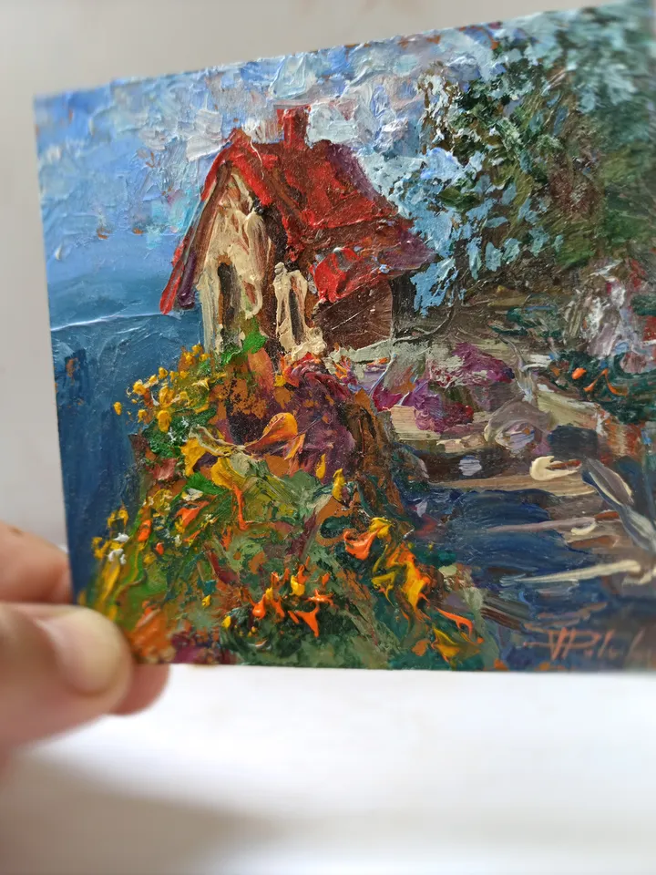 The Small House On The Ocean, oil, cardboard, 4x4" 🏡