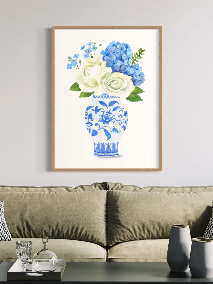 Chinoiserie Vase Wall Art Print, Hydrangea Painting, Ginger Jar Art, Blue and White Porcelain  Vase,Housewarming Gift, Apartment Decor Print