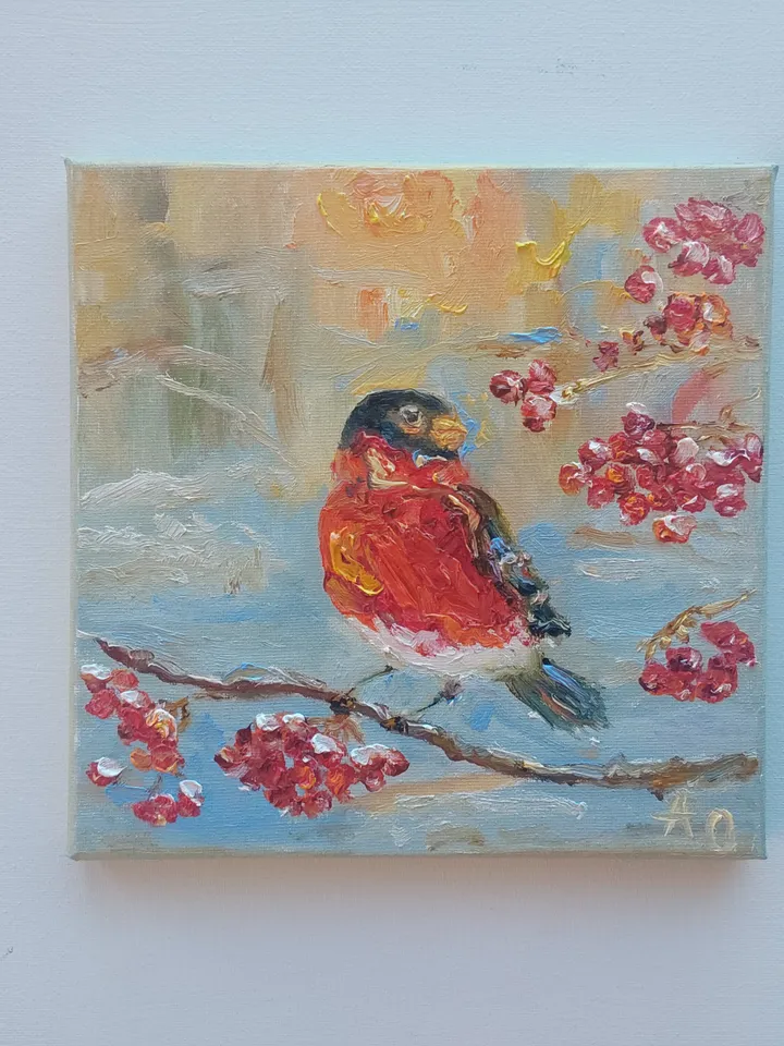 Oil painting on canvas "Bird. Bullfinch" 20x20cm (8x8 inch)