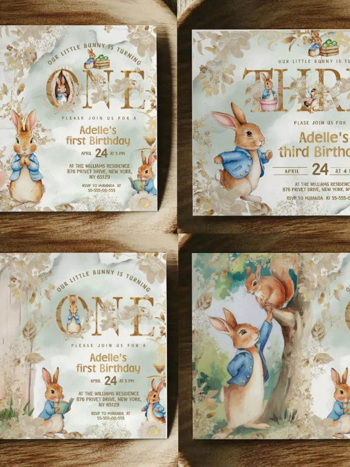 DIY Editable Baby Birthday Template large Bundle for Peter Rabbit party theme invitation banners labels milestone pr888