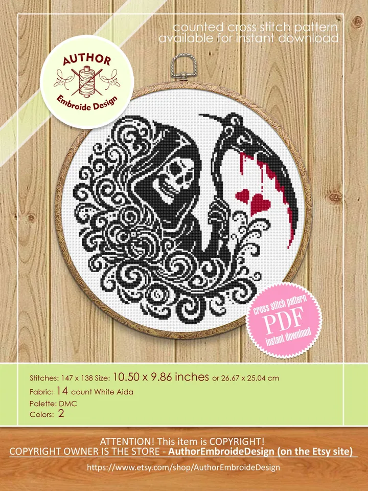 Grim reaper cross stitch pattern PDF download Gothic cross stitch chart, Gothic Halloween pattern digital PDF, Death with a scythe #H78