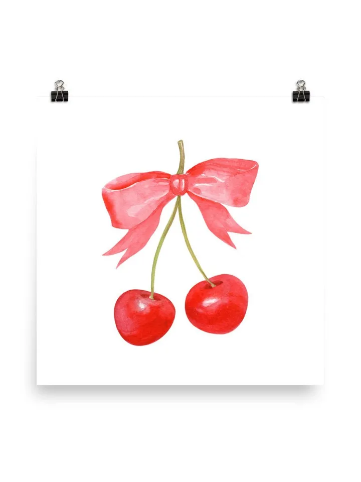 Cherry Bow Print Watercolor Painting, Vintage Cherry Art, Pink And Red Art, French Cherry Art, Girly Room Wall Art, Trendy Pink Art Print