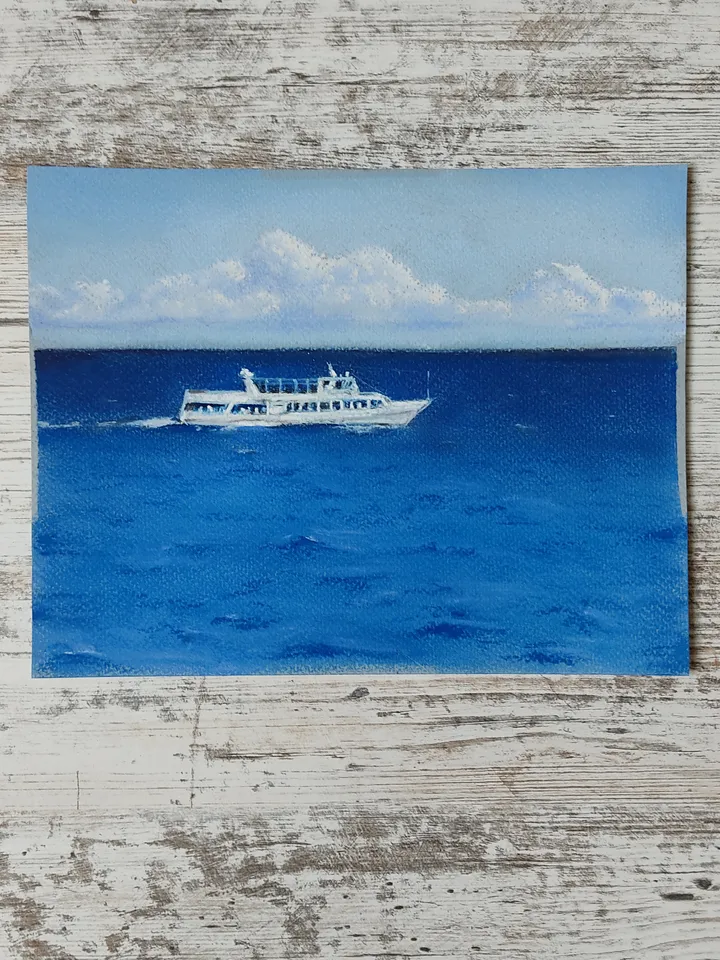 Boat at Sea. Original soft pastel drawing.