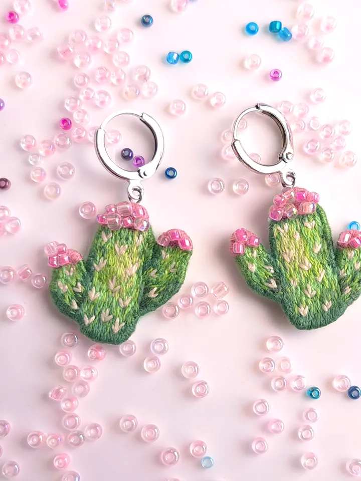 Embroidered Cactus Earrings, Handmade Unique Jewelry, Whimsical Handcrafted Gift, Quirky Jewelry Accessory, Original Gift for Her, Boho Design
