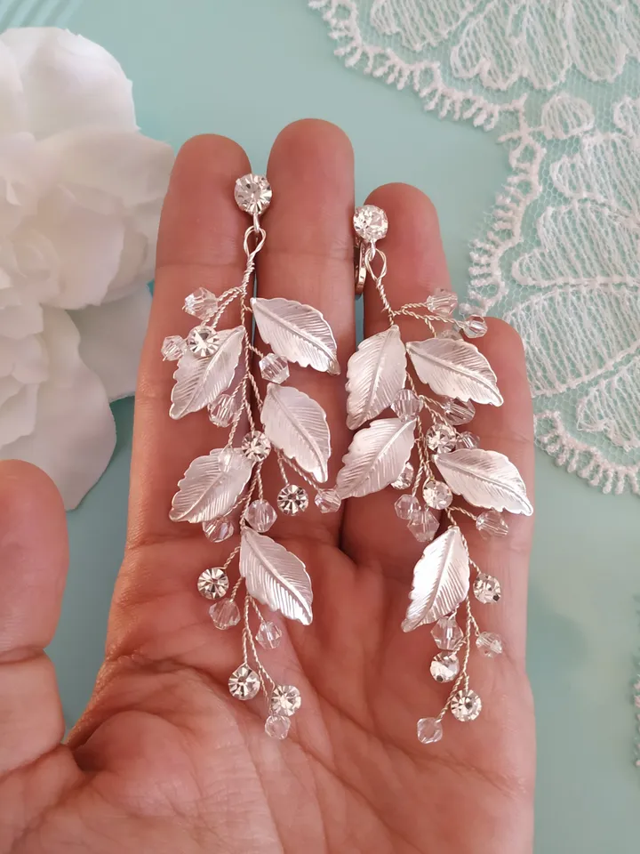 Silver Leaf Wedding Earrings Boho Wedding Earrings Rose Gold Chandelier Earrings Swarovski Crystal Long Bohemian CZ Boho Bridal Earrings