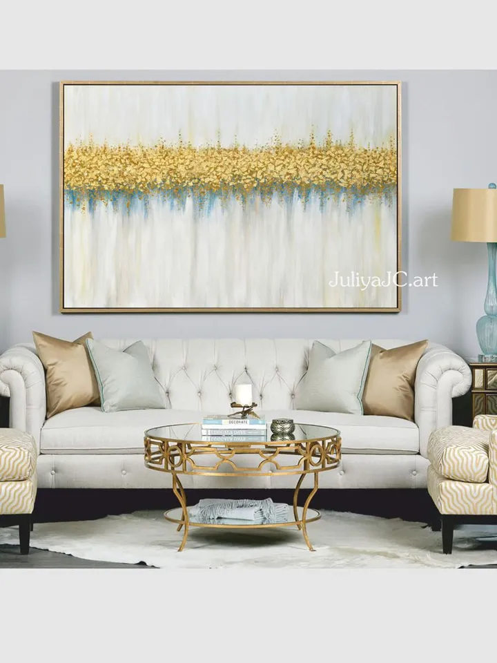 Gold and White Abstract Wall Art Gold leaf Oil Painting on Canvas Abstract painting Above bed decor