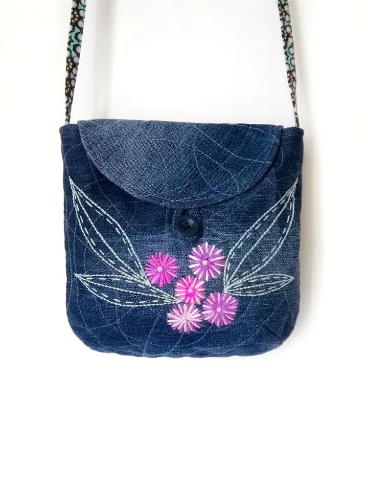 Boho Chic Mini Denim Crossbody Bags: Handmade Embroidered Shoulder Purses for Women, Floral Accents, Unique and Stylish. FREE SHIPPING!