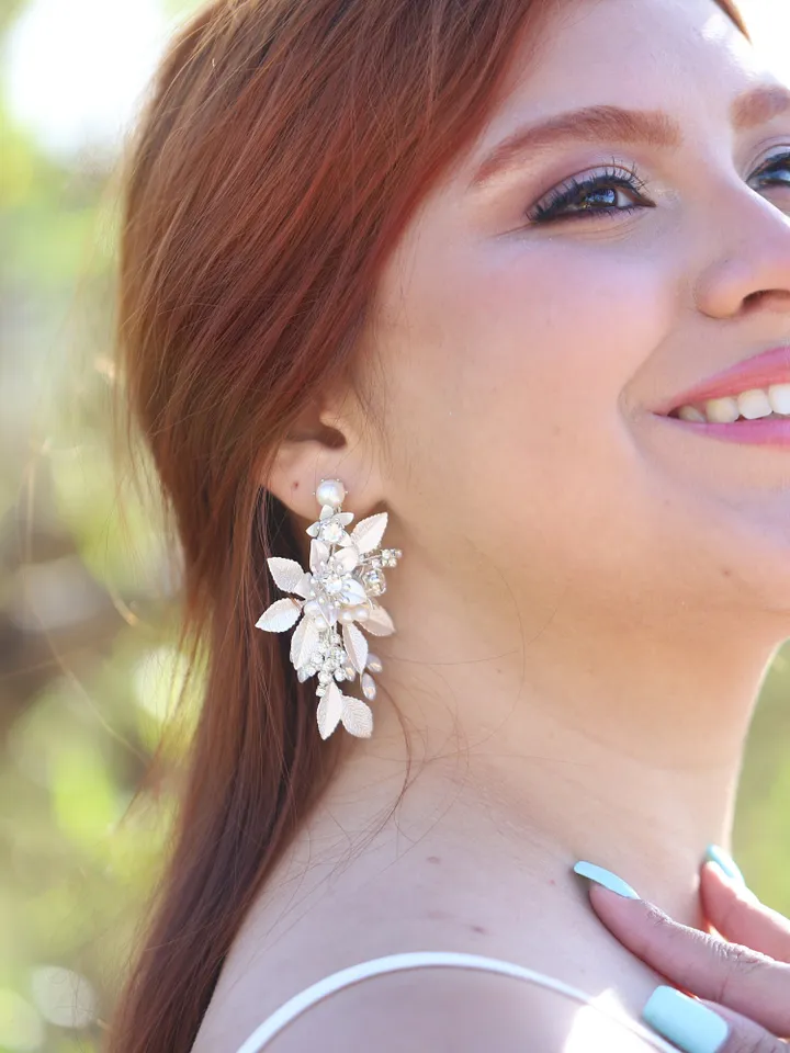 Freshwater Pearl Bridal Earrings, Opal Crystal Wedding Earrings, Floral Bridal Earrings, Leaf Wedding Earrings, Flower Statement Jewelry