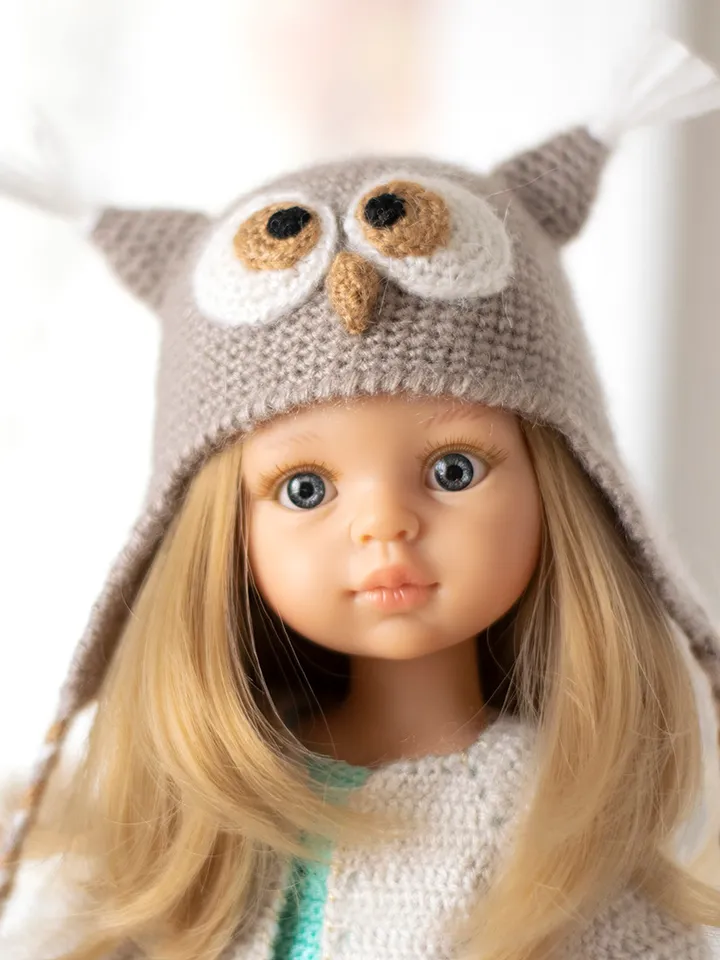 Owl hat for Paola Reina doll, Dumplings, Little Darling, Siblies RRFF for Halloween, animals hat with ears for doll