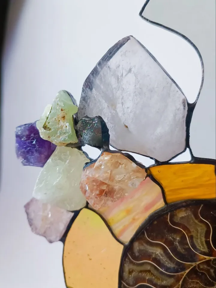 Paired Ammonites on a Stand, Paired Stained Glass Ammonites on Stand, Paired Ammonites, Ammonite Duo on Stand, Twin Fossil Ammonites, Ammonite Sculpture with Gemstones, Stained Glass and Ammonite Art, , Twin Ammonites with Stained Glass Accents