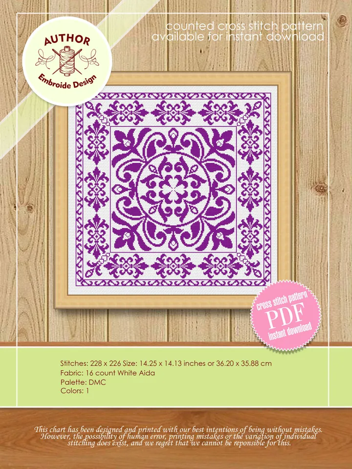 Square mandala cross stitch pattern PDF download Modern vintage ornament cross stitch, Monochrome mandala pattern digital PDF #M145