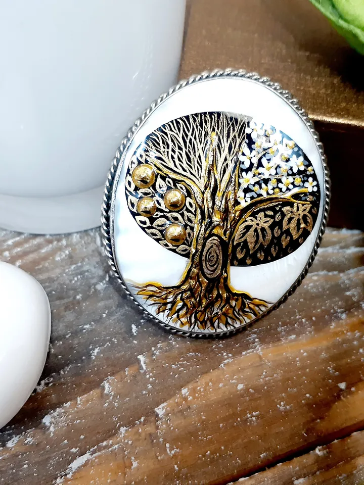Brooches for women: Tree of life with four seasons on pearl pin • Mother of pearl brooch hand painted in in Klimt style • Dainty brooch