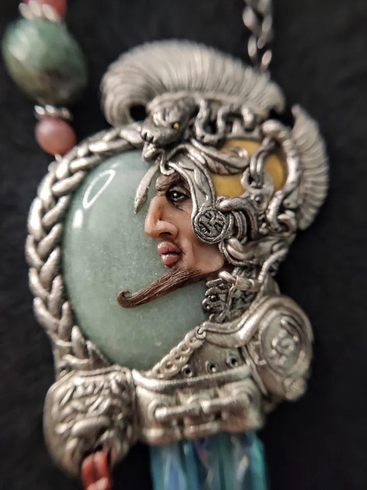 Aztec Warrior Necklace, Warrior Cameo, Aventurine Necklace, Silver Art Necklace