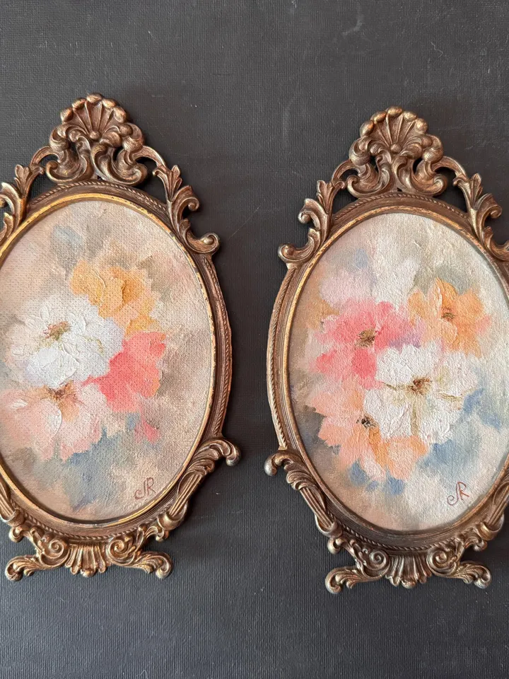 Flowers Original Painting Framed Painting Shabby Chic Painting Roses Wall Art