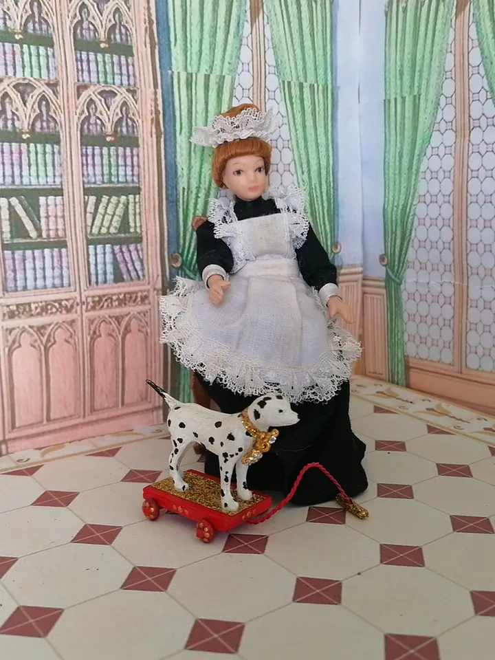 Dolmatian on a cart. Doll toy. dollhouse miniature.1:12 scale.