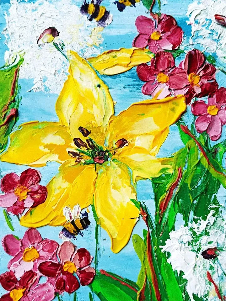 Honeybee Painting Dandelion Original Art 6x4 Floral Impasto Oil Painting Flowers Wall Art by ArtProkopaloSv