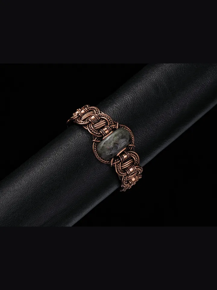 Copper wire wrapped larvikite bracelet Unique bangle 7th Wedding Anniversary