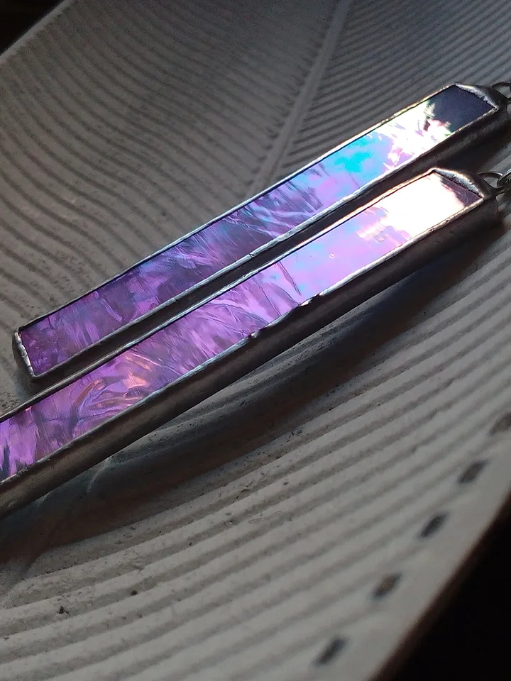 Iridescent stained glass blue earrings, cute rectangle earrings, dichroic earrings, duochrome earrings