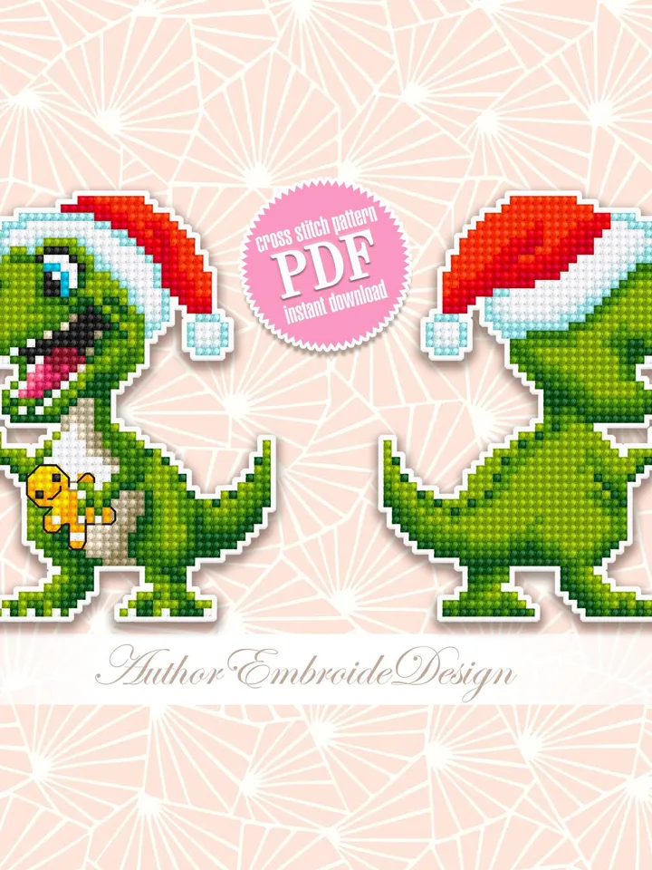 Funny dinosaur christmas cross stitch pattern PDF download Double-sided Christmas tree decor for plastic canvas, Dino pattern T Rex #N132
