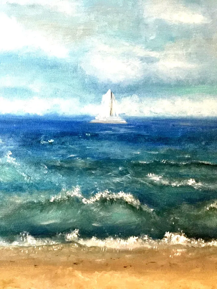 Seascape with a boat painting,Baltic sea and a beach,oil painting,stretched canvas.