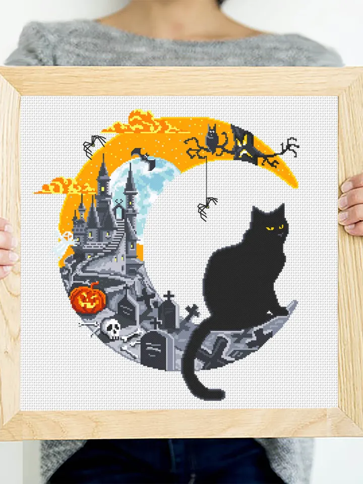 Halloween cat cross stitch pattern PDF download Crescent moon cross stitch chart, Halloween pattern digital PDF Haunted house, Black cat #H9