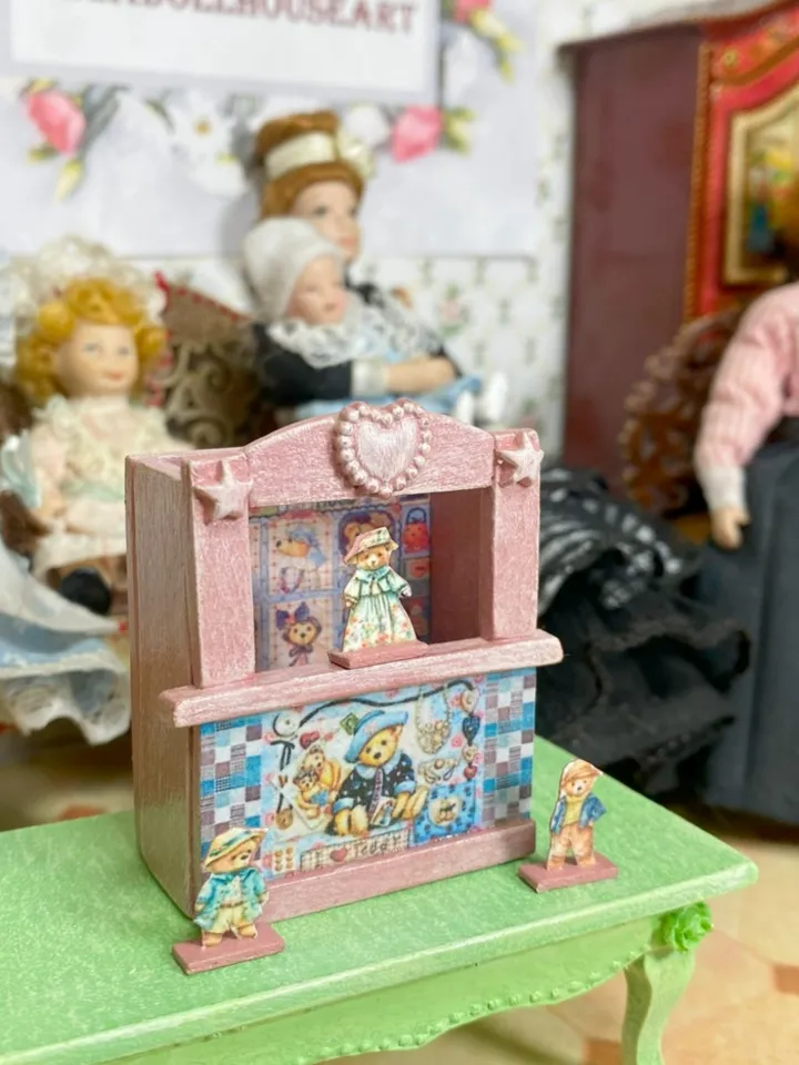 Miniature puppet theater with bears. 1:12. handmade.