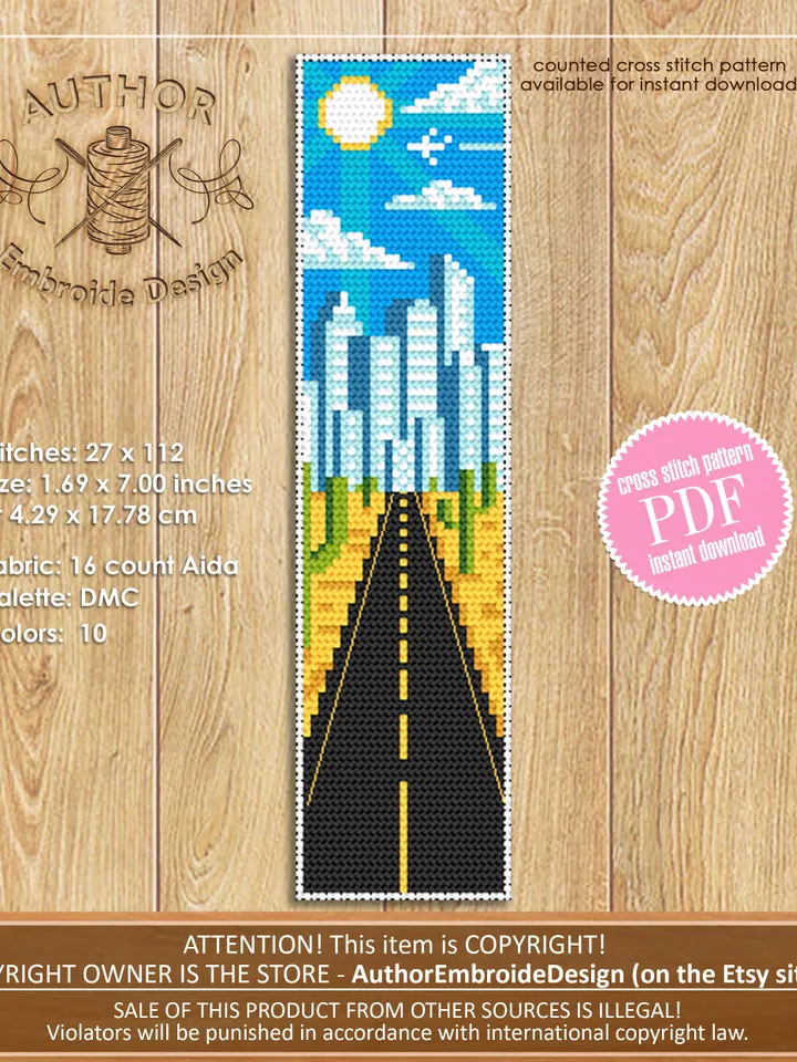 Bookmark cross stitch pattern download PDF Nature landscape cross stitch chart Modern handmade bookmark digital Road trip cross stitch #B67