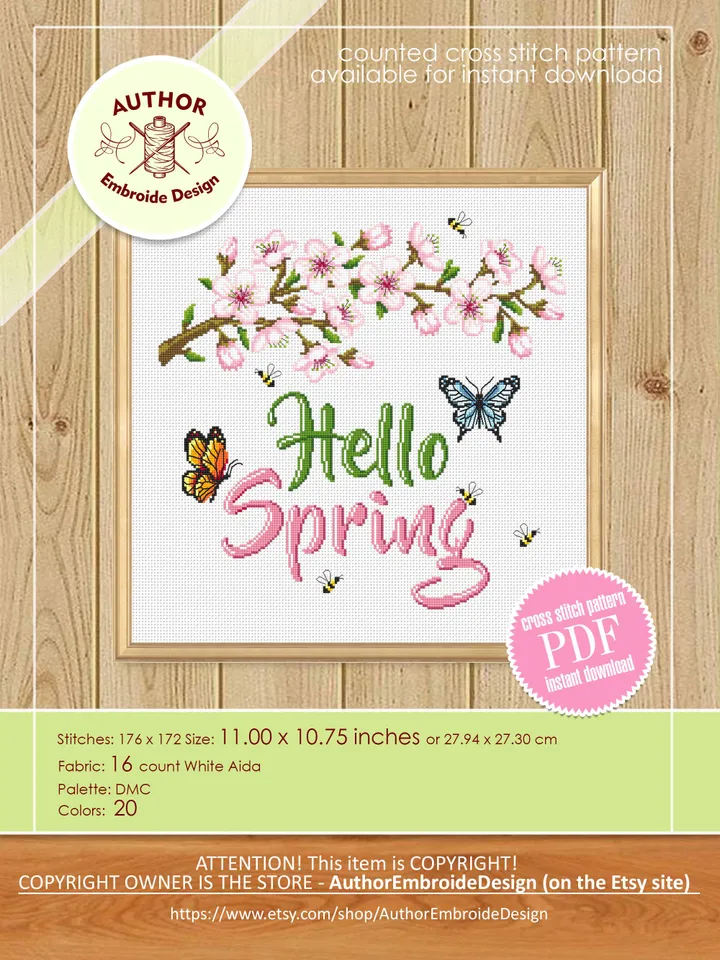Hello spring cross stitch pattern PDF download Cherry blossom cross stitch chart, Floral pattern digital PDF Sakura flower cross stitch #Q66