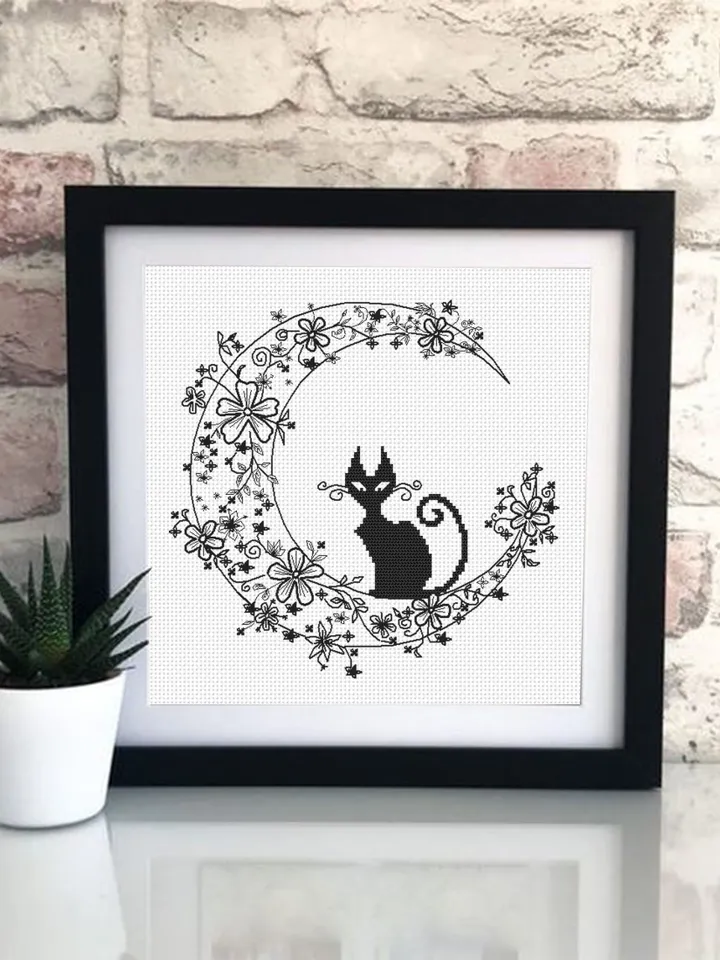 Cat blackwork pattern PDF Crescent moon Backstitch chart, Funny Black cat cross stitch, Flower moon blackwork embroidery download PDF #W4
