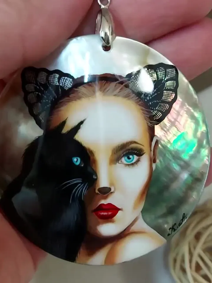 Mother-of-pearl Russian hand-painted necklace pendant "Сatwoman" Jewelry Russian jewelry magic of painting fine art jewelry Fedoskino