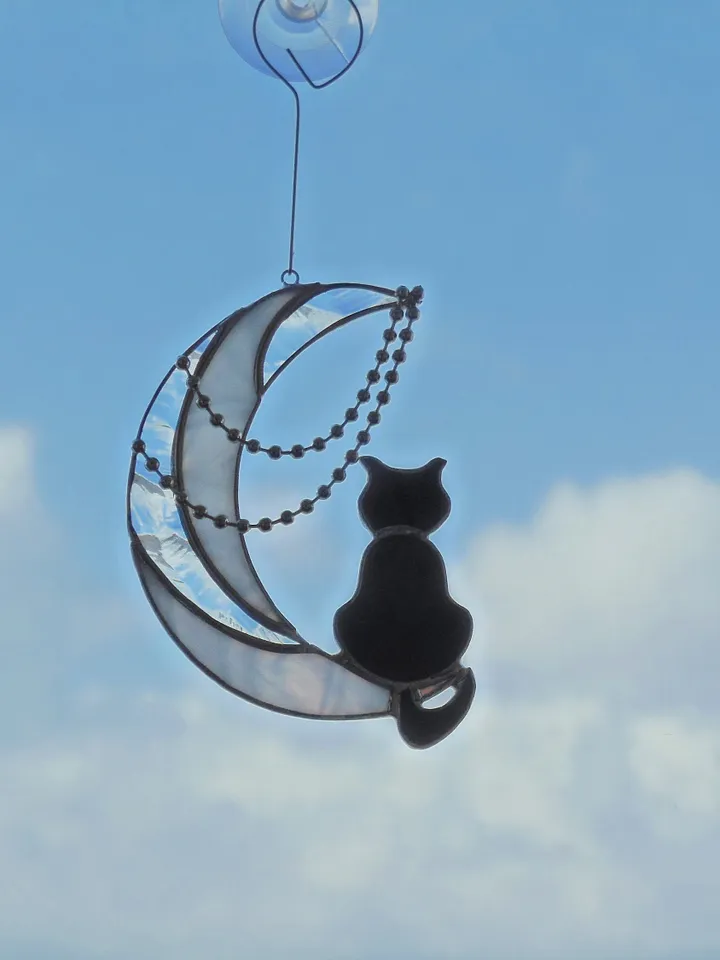 Black Cat On The Moon with Chains . Art stained glass window hanging Suncatcher . Gift for animal lover , pet loss memorial . White , black