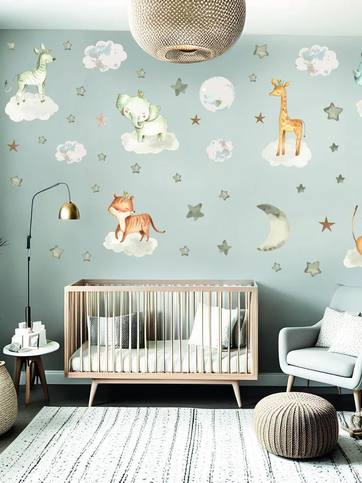 Watercolor Sleeping on clouds animals Wall Decals Kids Stickers el54