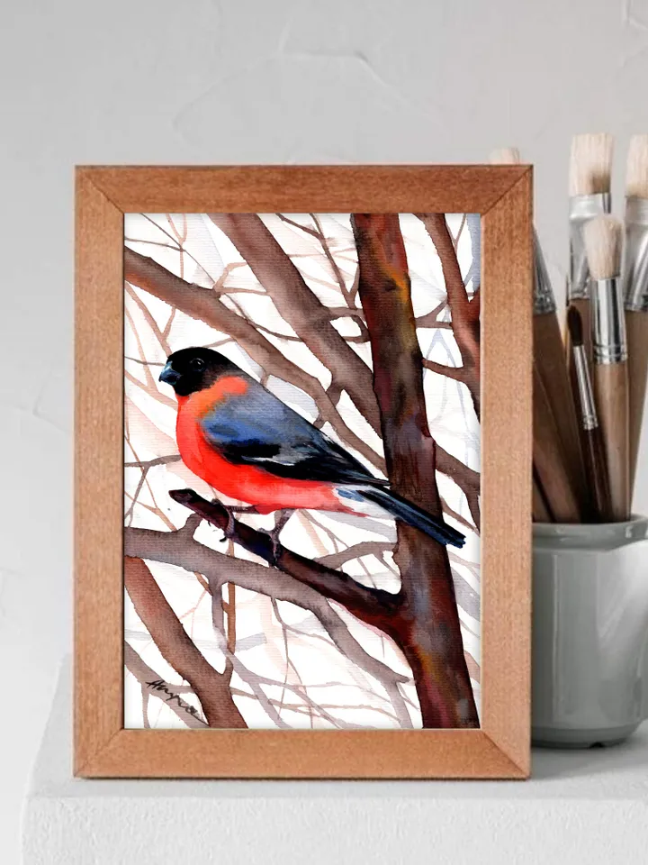 Bullfinch original watercolor, birds painting, wall decor, 7x10 in art for bird lovers by Anne Gorywine