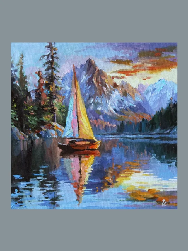 Lonely boat. Oil painting