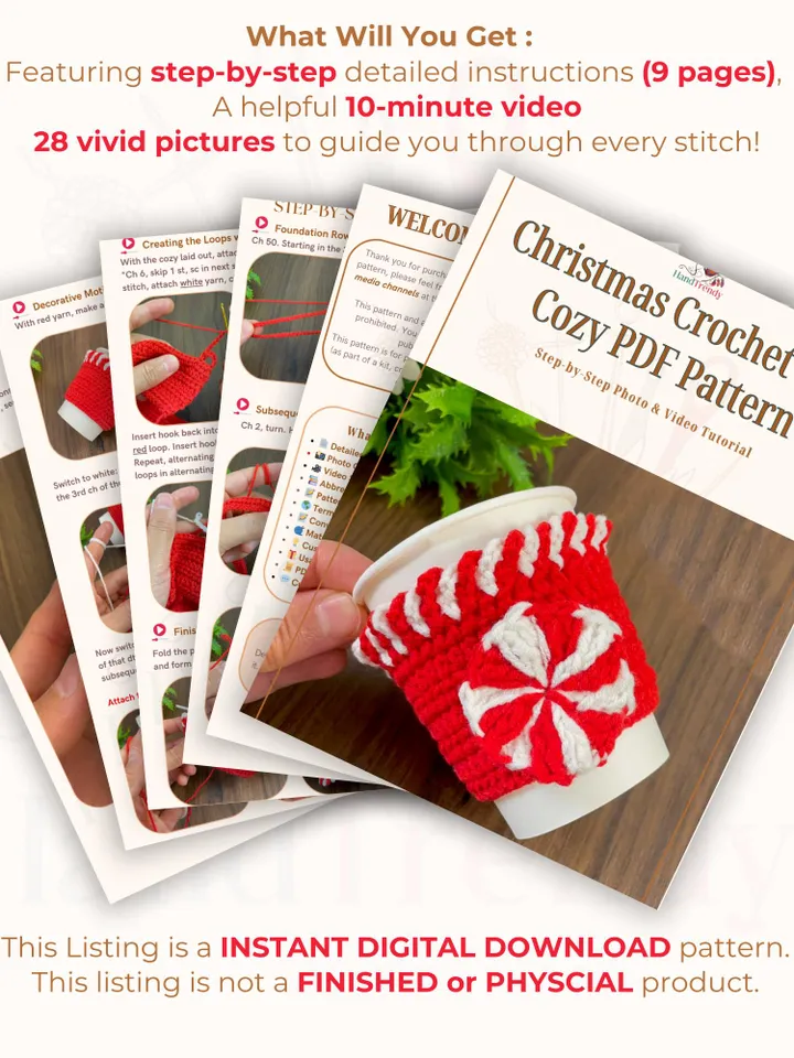 Christmas Crochet Cup Cozy PDF Pattern, Peppermint Coffee Sleeve Tutorial, DIY Cup Cover, Handmade Holiday Crochet Pattern