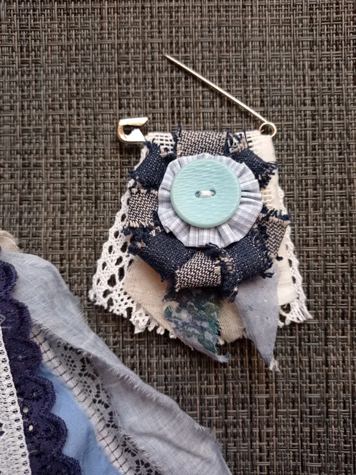 Blue brooch and keychain made of ribbons and boho fabric set