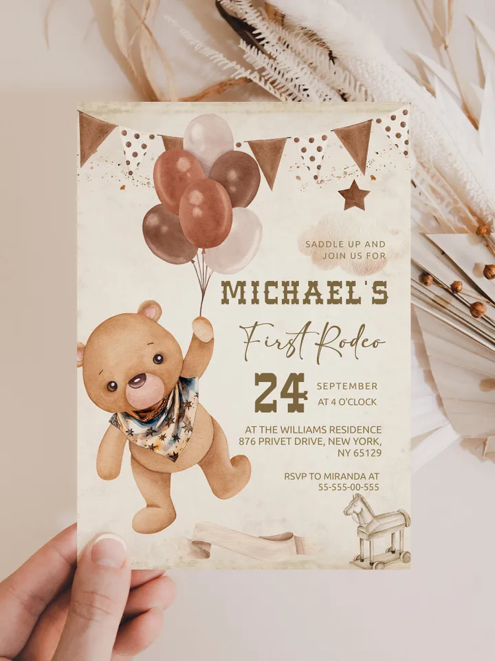 First Rodeo Wild West Birthday Invitation template; West Bearly Cowboy First Rodeo Bday Western Invite ; Our Little Cowboy is One; fr12