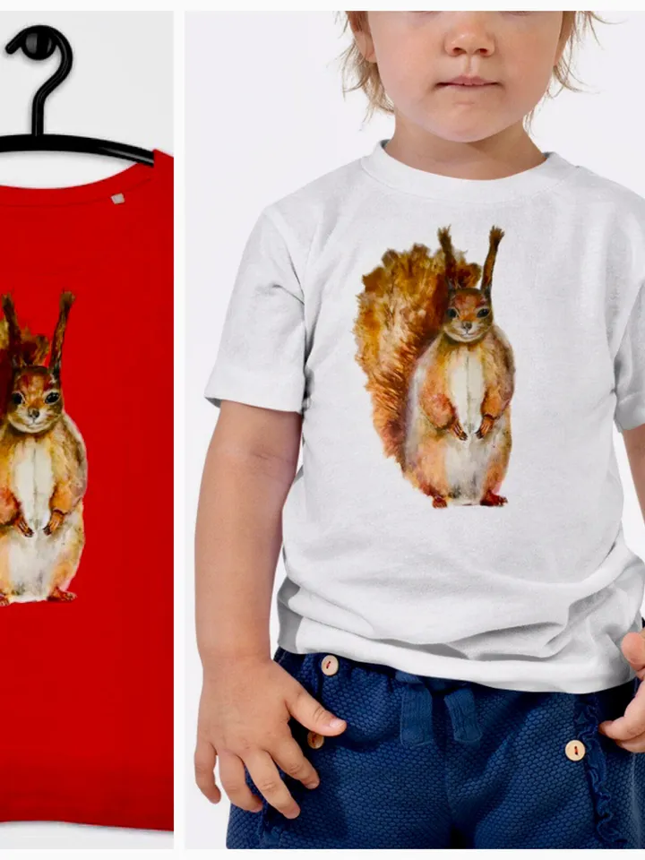 Squirrel Toddler Short Sleeve Tee ,made with my original squirrel watercolor painting,unique handmade gift for children