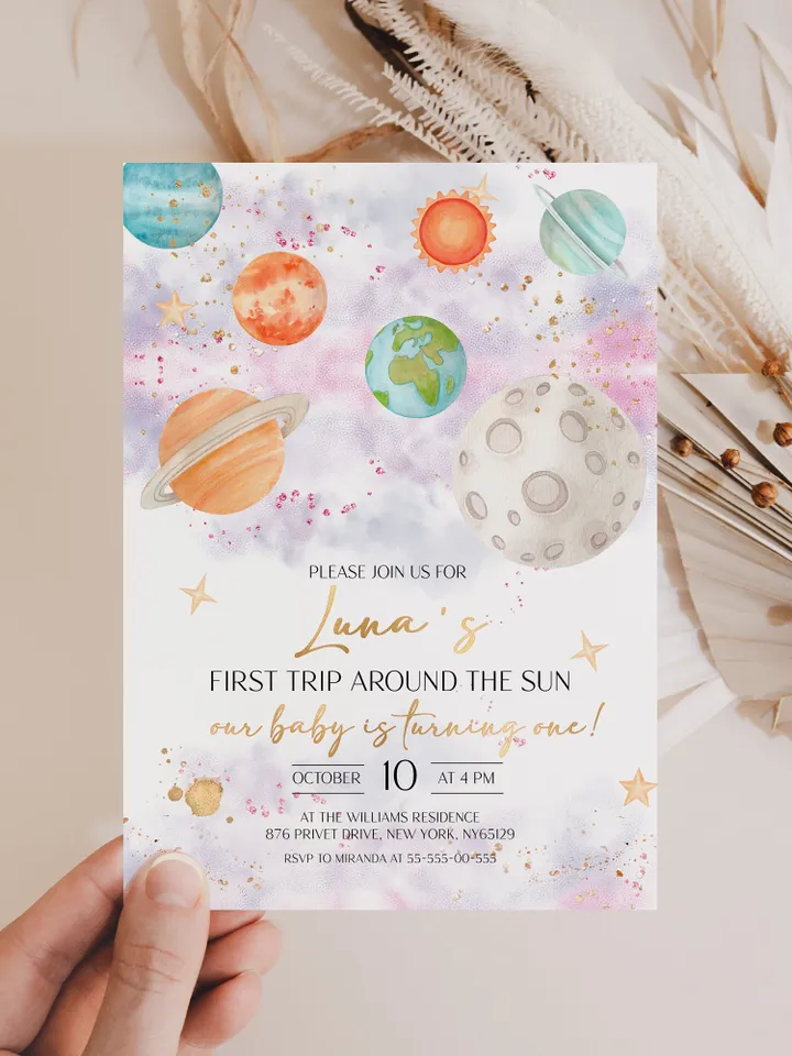 Editable First Trip Around the Sun Galaxy Blast Off Invitation Space Girl Birthday Party Galaxy First Birthday Party Template Outer Space